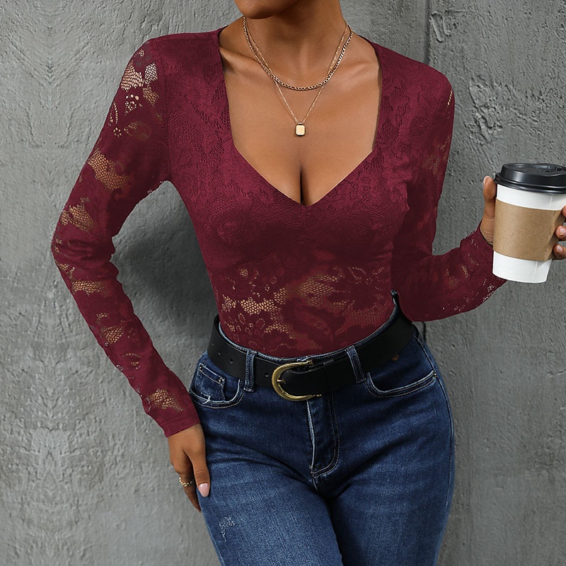 Women's Lace V-Neck Long Sleeve Bodysuit Top