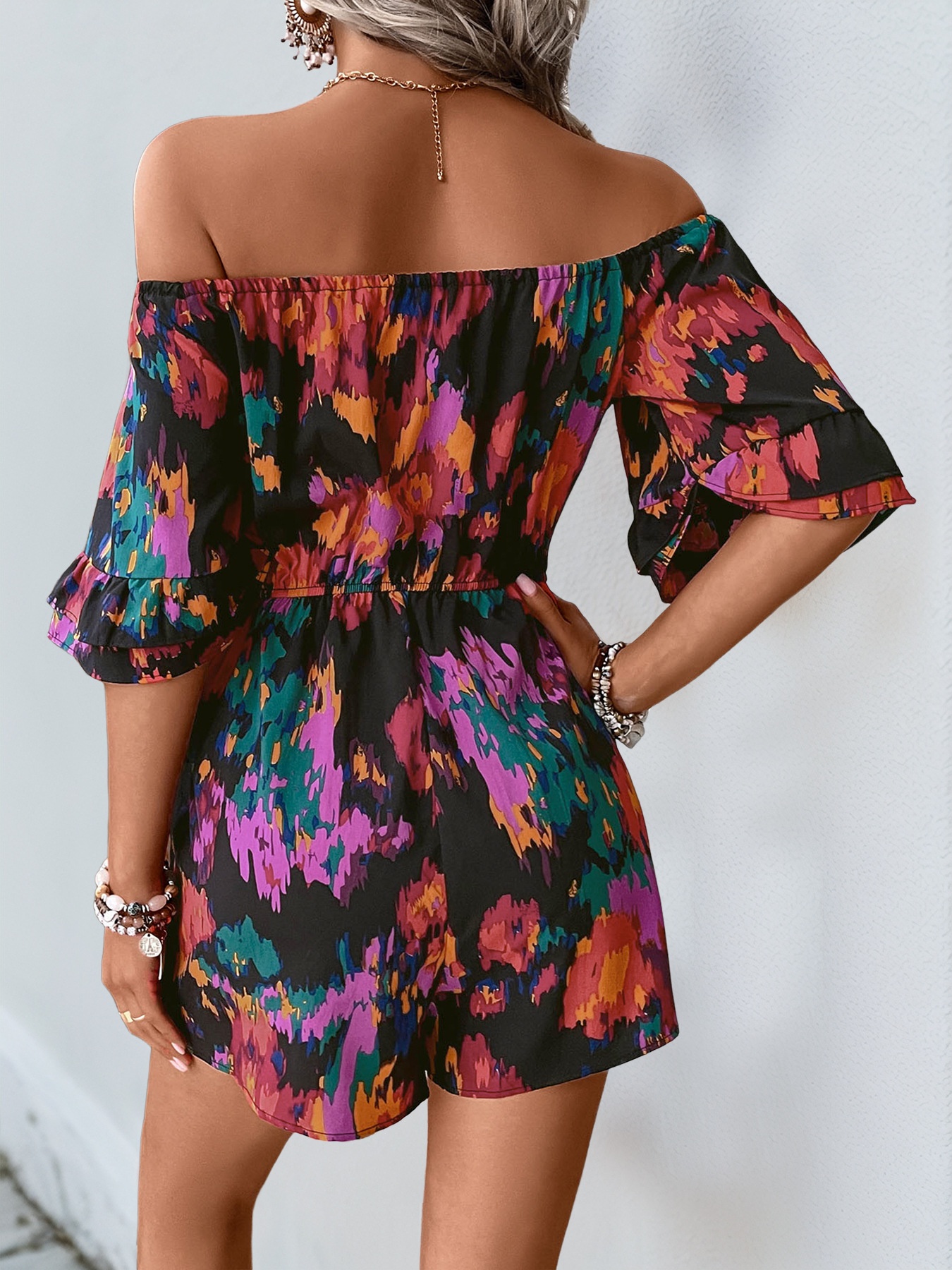 Vibrant Abstract Print Off-Shoulder Romper