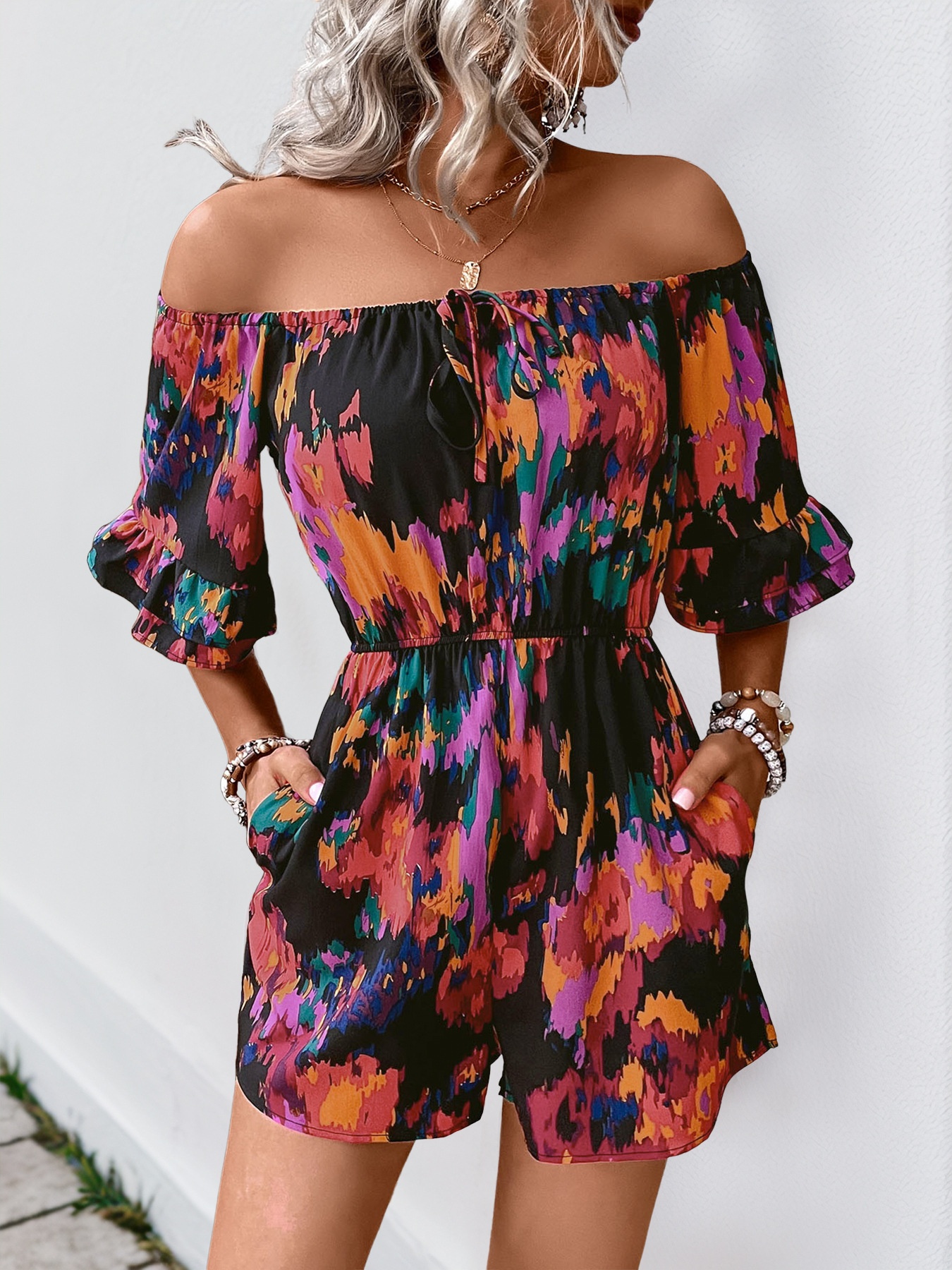 Vibrant Abstract Print Off-Shoulder Romper
