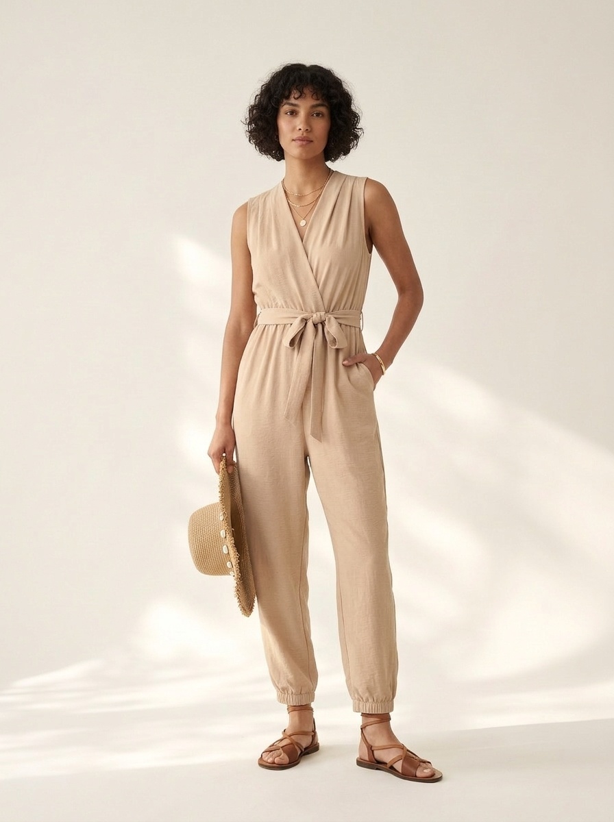 Women's Sleeveless V-Neck Tie Waist Jumpsuit