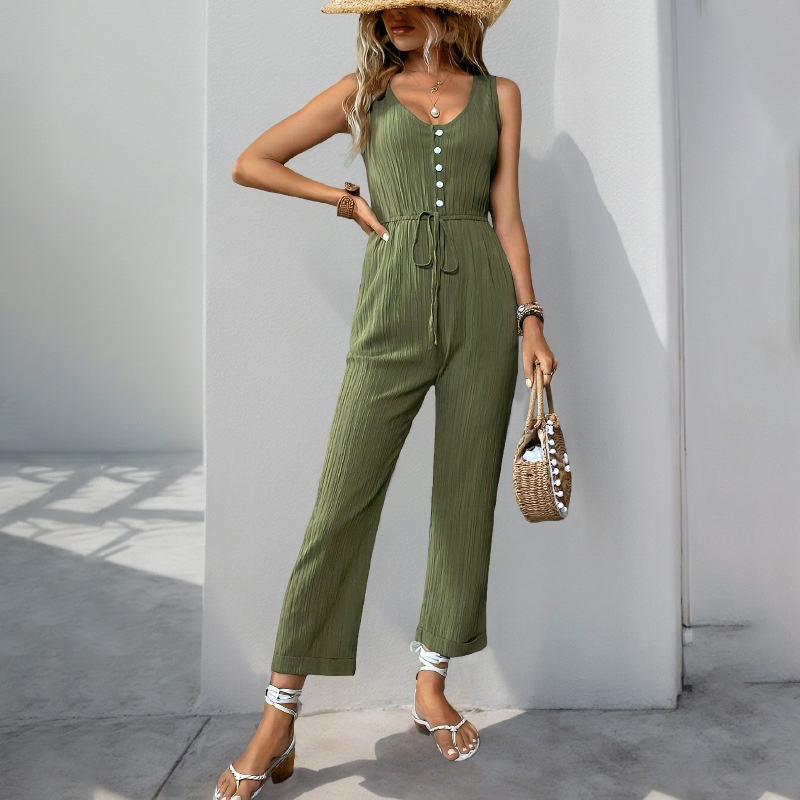 Women's Ribbed Sleeveless V-Neck Drawstring Jumpsuit