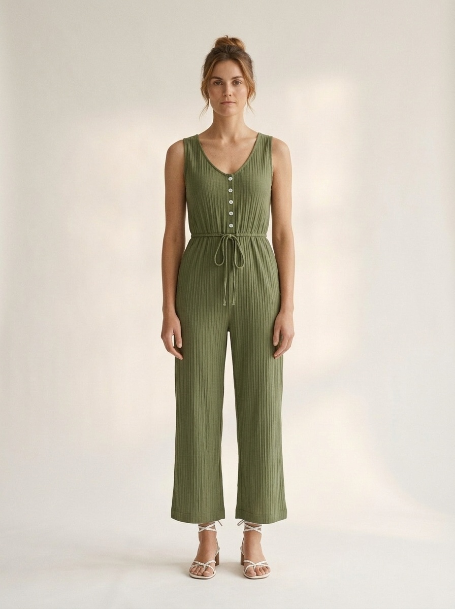Women's Ribbed Sleeveless V-Neck Drawstring Jumpsuit