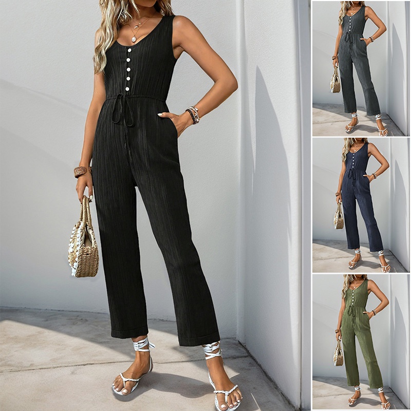 Women's Ribbed Sleeveless V-Neck Drawstring Jumpsuit