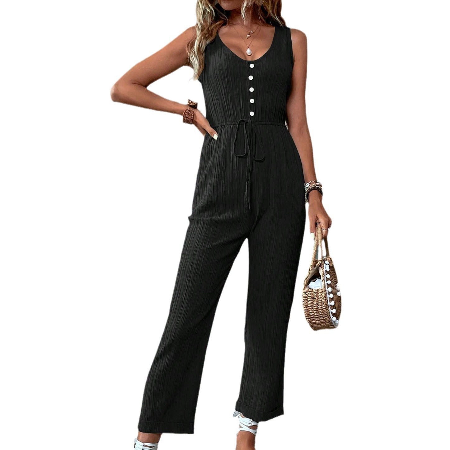 Women's Ribbed Sleeveless V-Neck Drawstring Jumpsuit