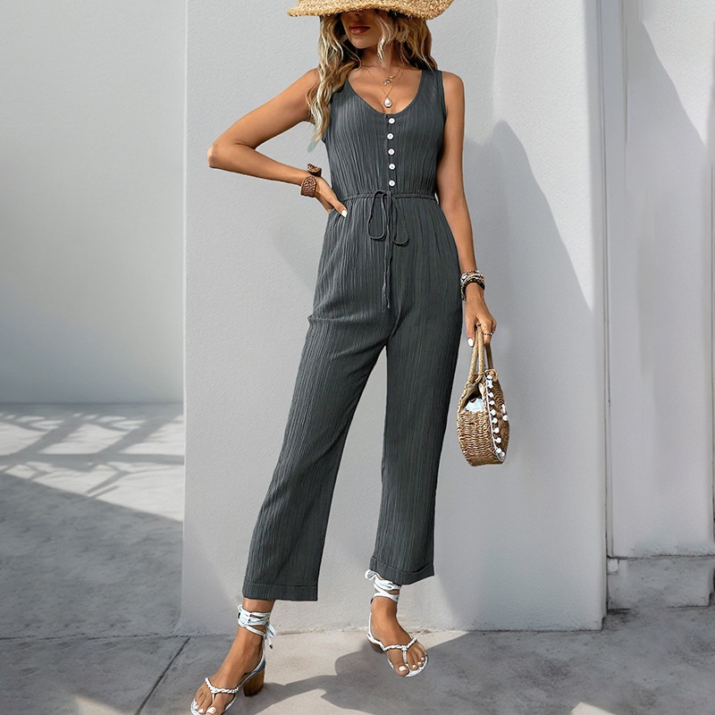 Women's Ribbed Sleeveless V-Neck Drawstring Jumpsuit