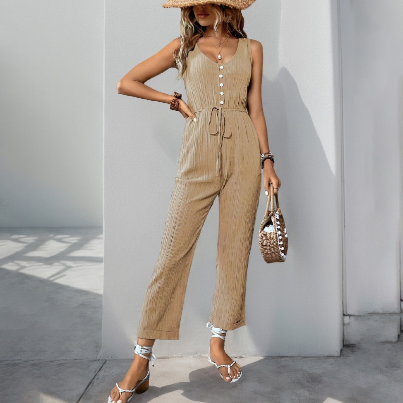 Women's Ribbed Sleeveless V-Neck Drawstring Jumpsuit