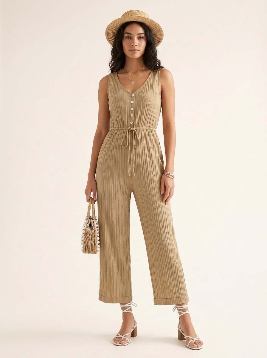 Women's Ribbed Sleeveless V-Neck Drawstring Jumpsuit