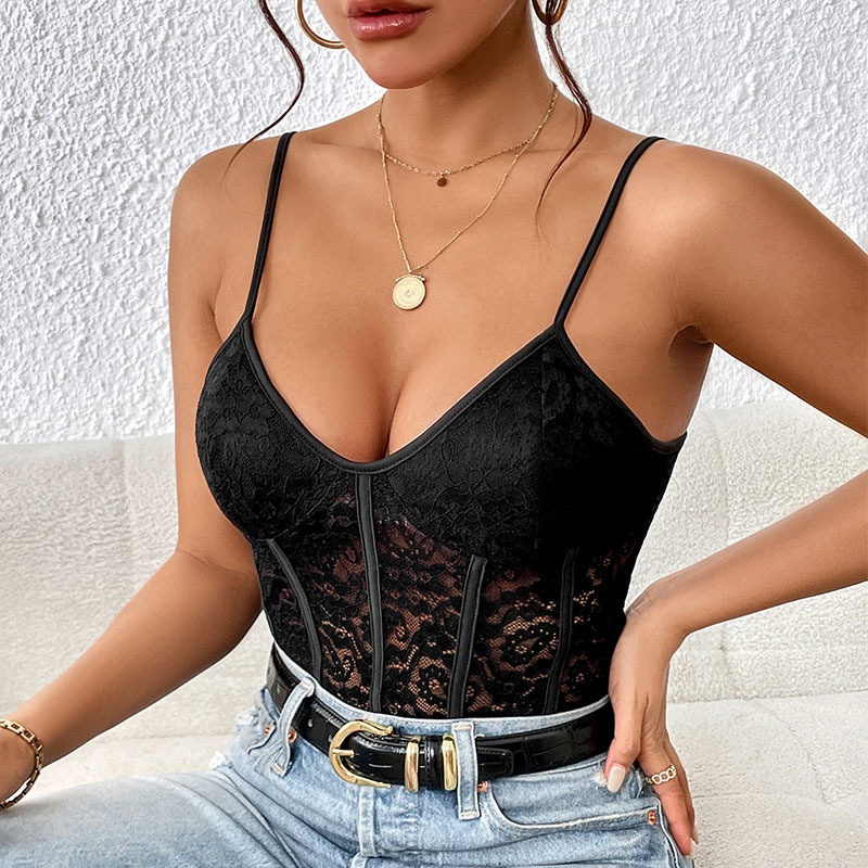 Women's Lace Cami Bodysuit - Elegant V-Neck Lingerie Top