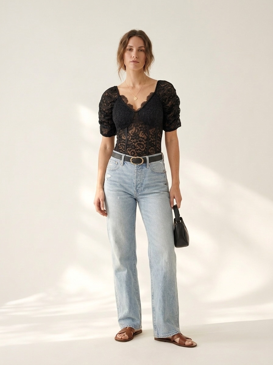 Body noir en dentelle à manches bouffantes - Décolleté cœur