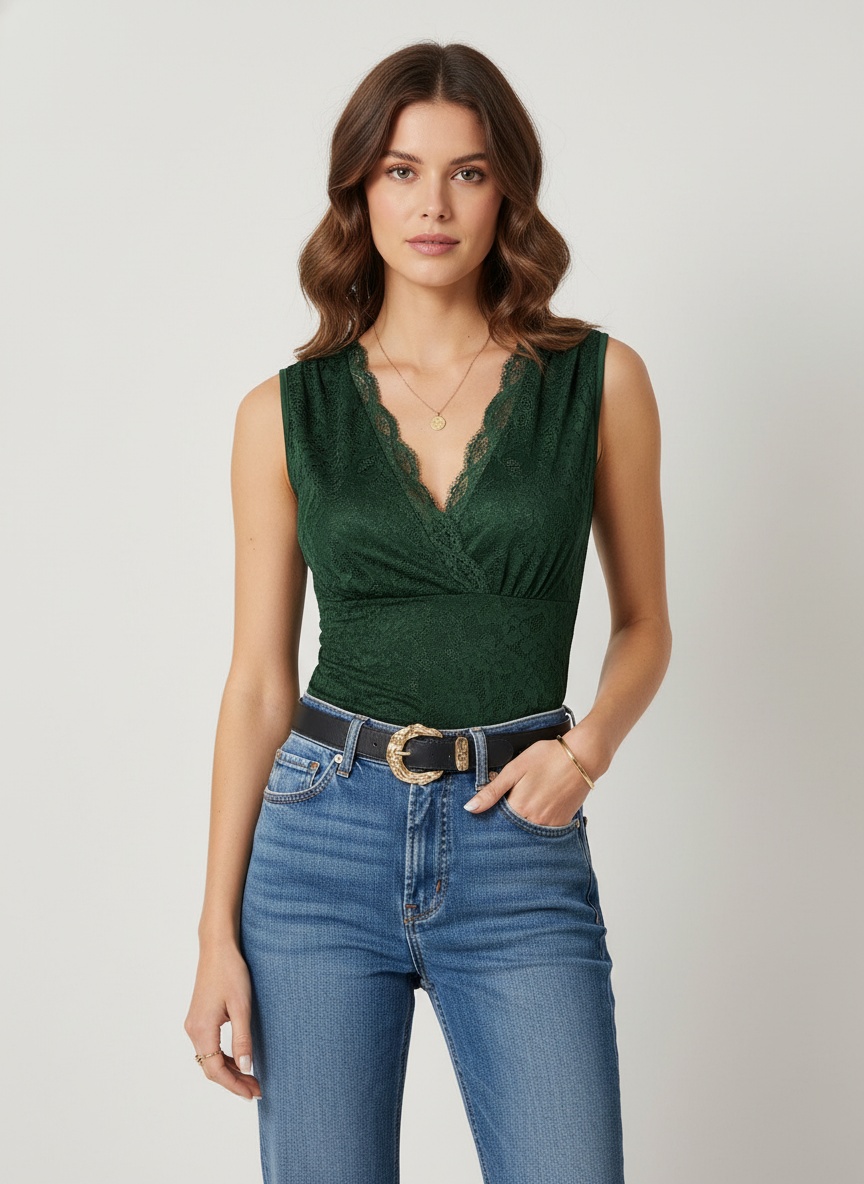 Body élégant sans manches en dentelle à col V