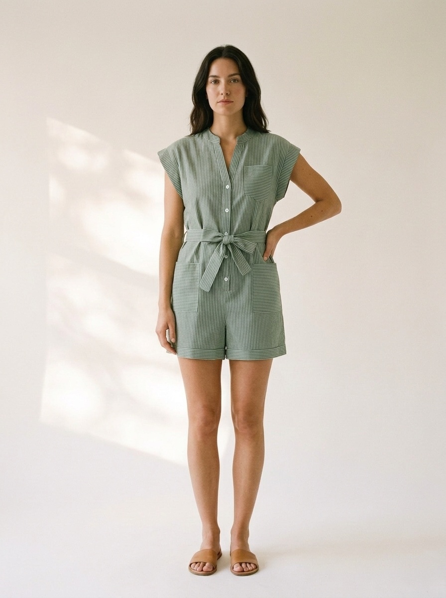 Combinaison courte rayée à boutons et ceinture pour femme