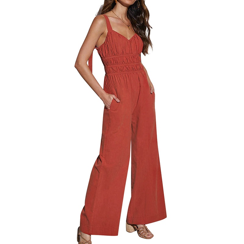 Combinaison pantalon large à smocks orange brûlé avec poches