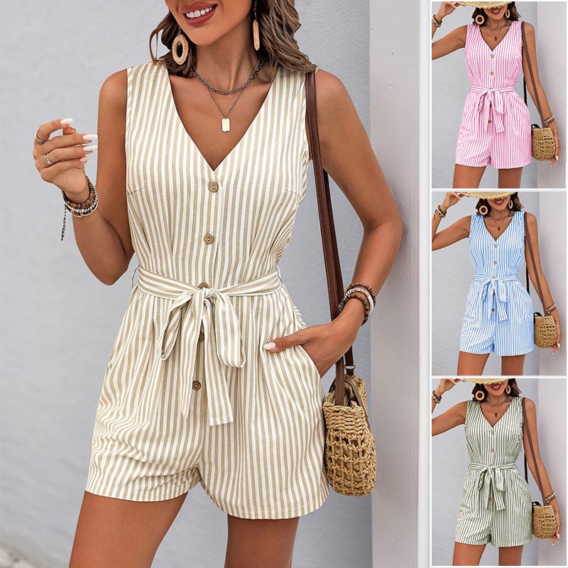 Combinaison rayée pour femme, col en V, sans manches et ceinturée