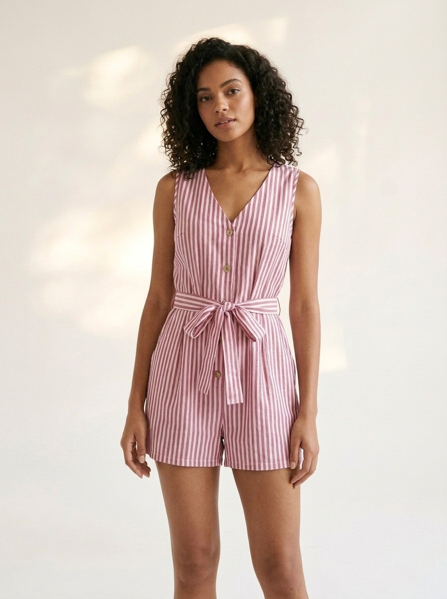 Combinaison rayée pour femme, col en V, sans manches et ceinturée