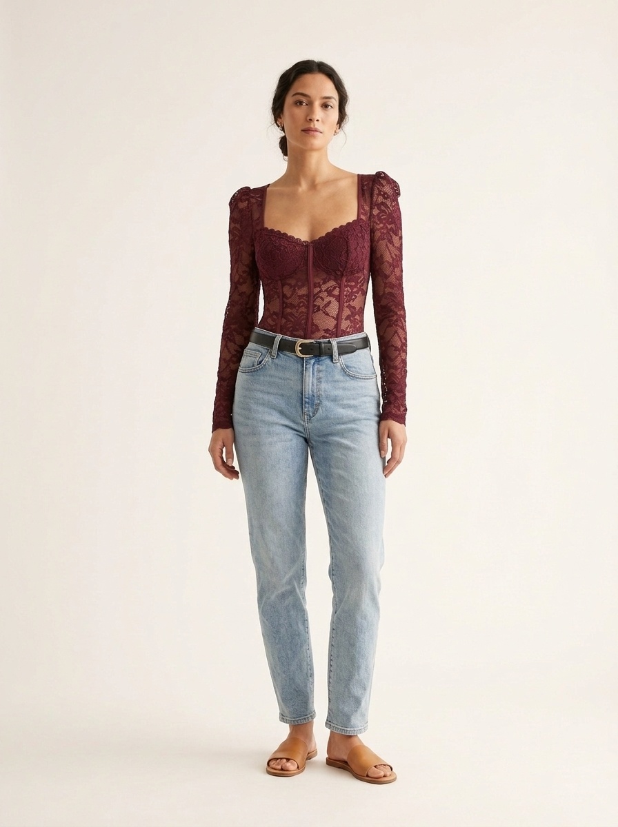 body corset en dentelle à col carré et manches bouffantes