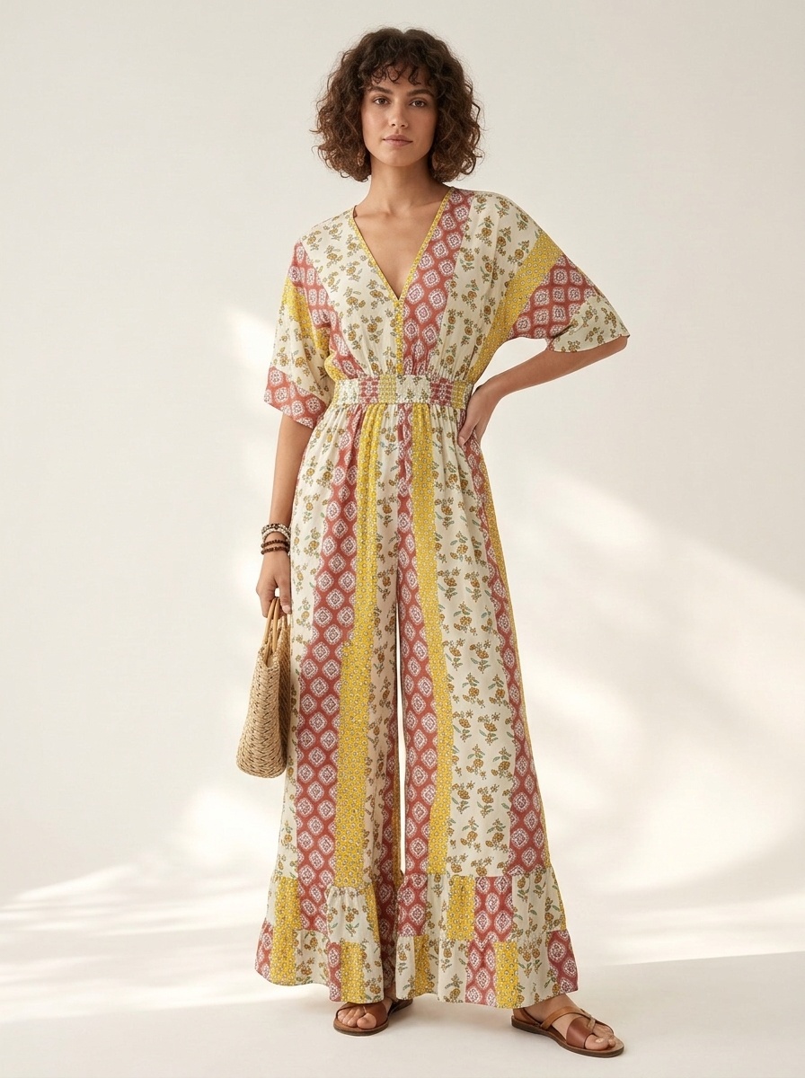 Boho Floral Print Wide Leg Jumpsuit with Smocked Waist