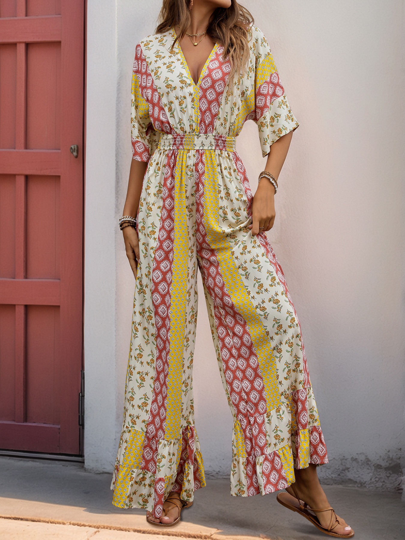 Boho Floral Print Wide Leg Jumpsuit with Smocked Waist