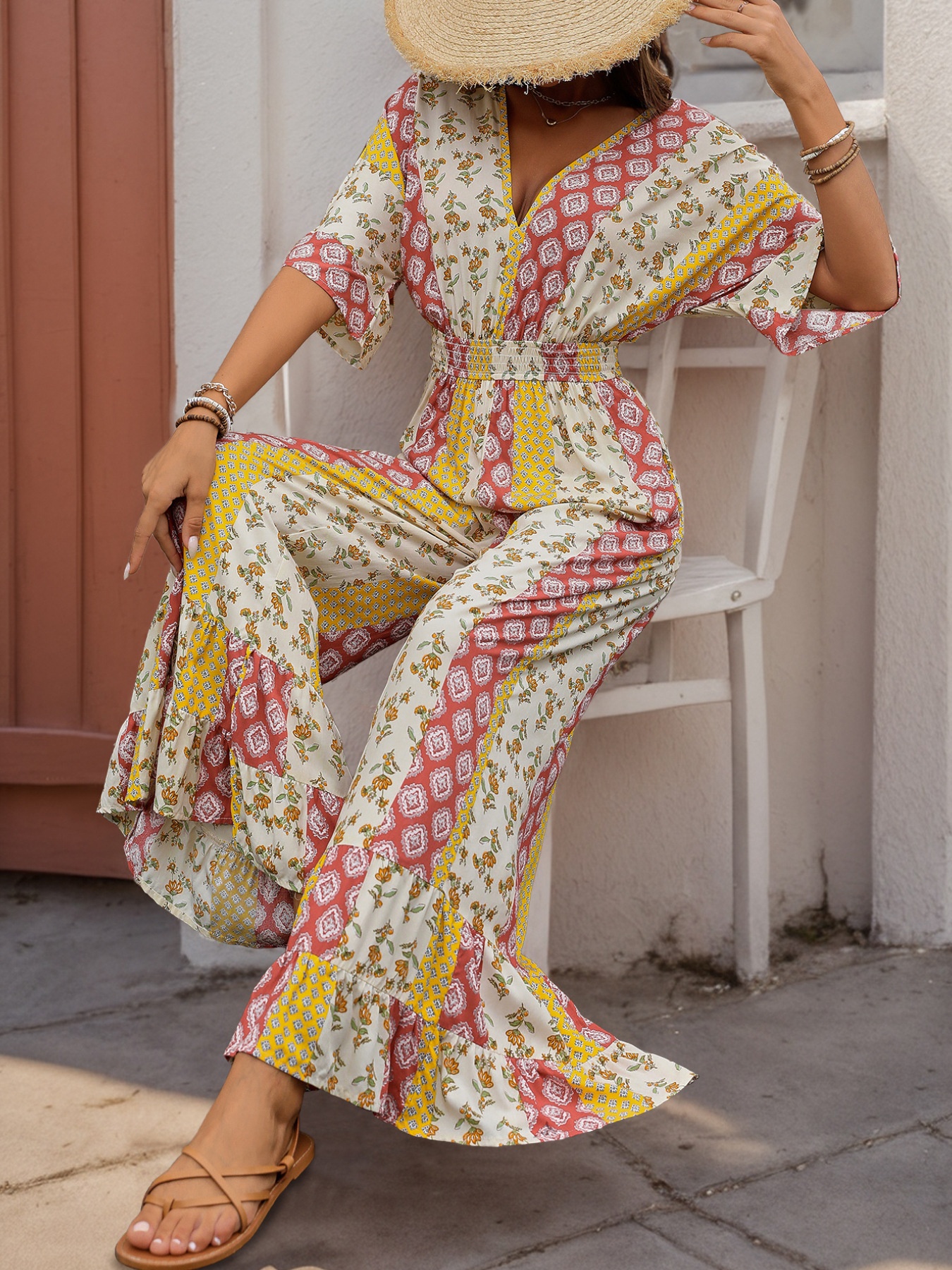 Boho Floral Print Wide Leg Jumpsuit with Smocked Waist
