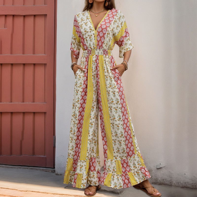 Boho Floral Print Wide Leg Jumpsuit with Smocked Waist