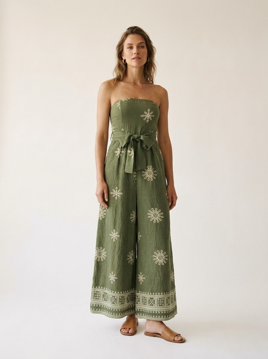 Combinaison bustier vert olive brodée à jambes larges