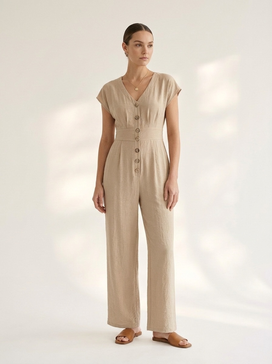 Combinaison pantalon large décontractée à boutons sur le devant pour femme