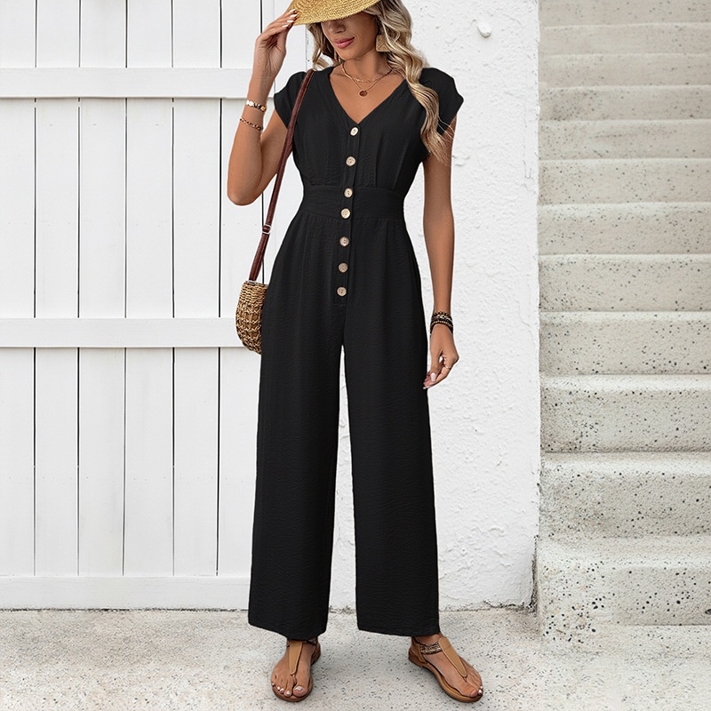 Combinaison pantalon large décontractée à boutons sur le devant pour femme