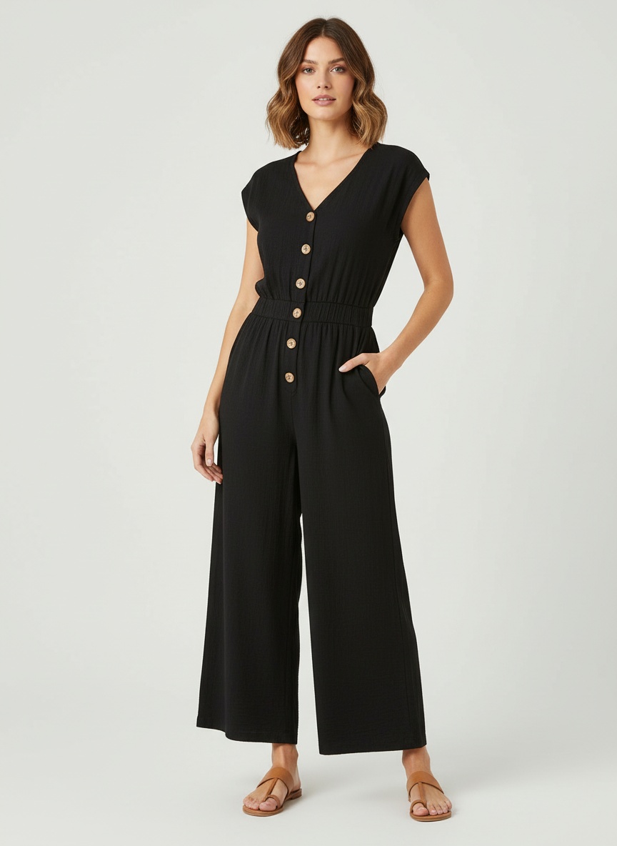 Combinaison pantalon large décontractée à boutons sur le devant pour femme