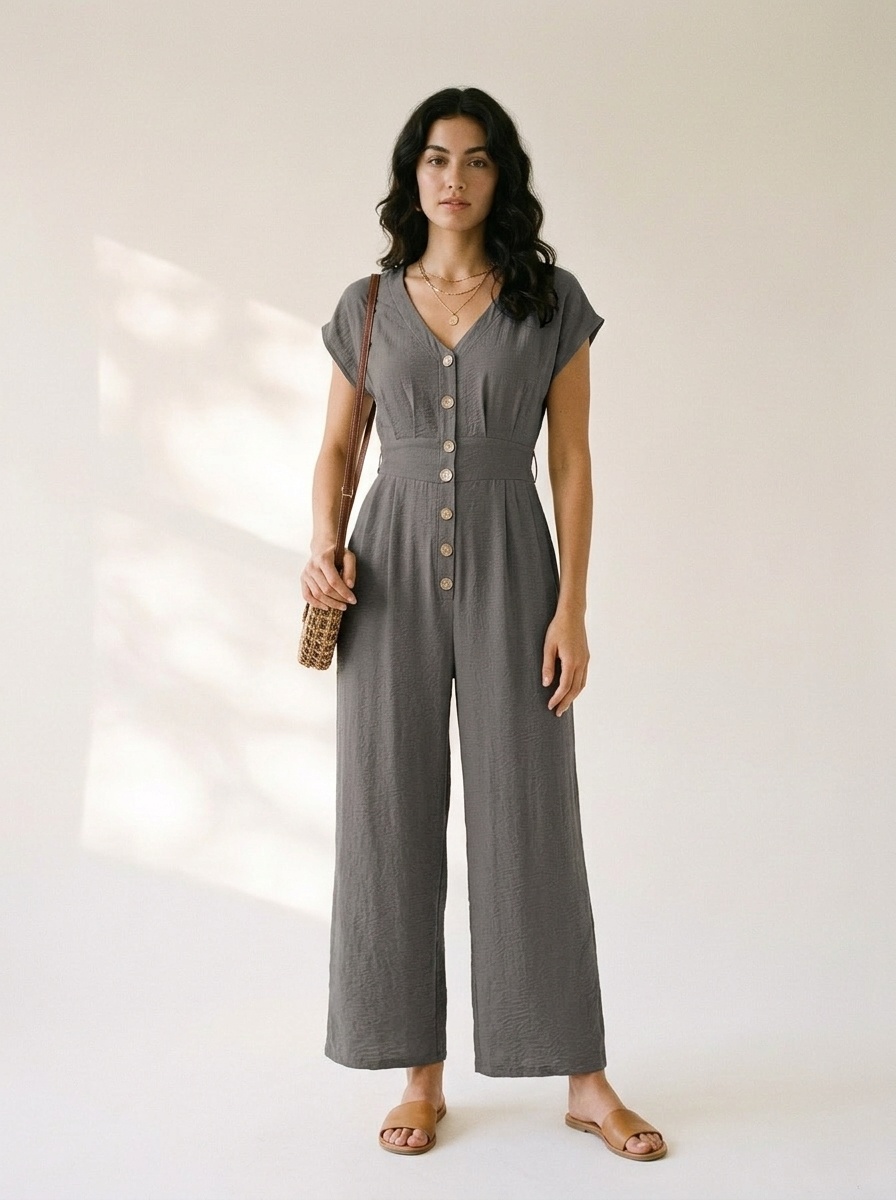 Combinaison pantalon large décontractée à boutons sur le devant pour femme