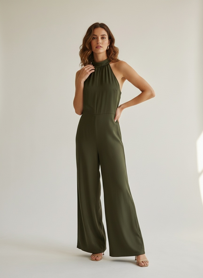 Combinaison élégante à jambes larges et col halter avec détail noué dans le dos