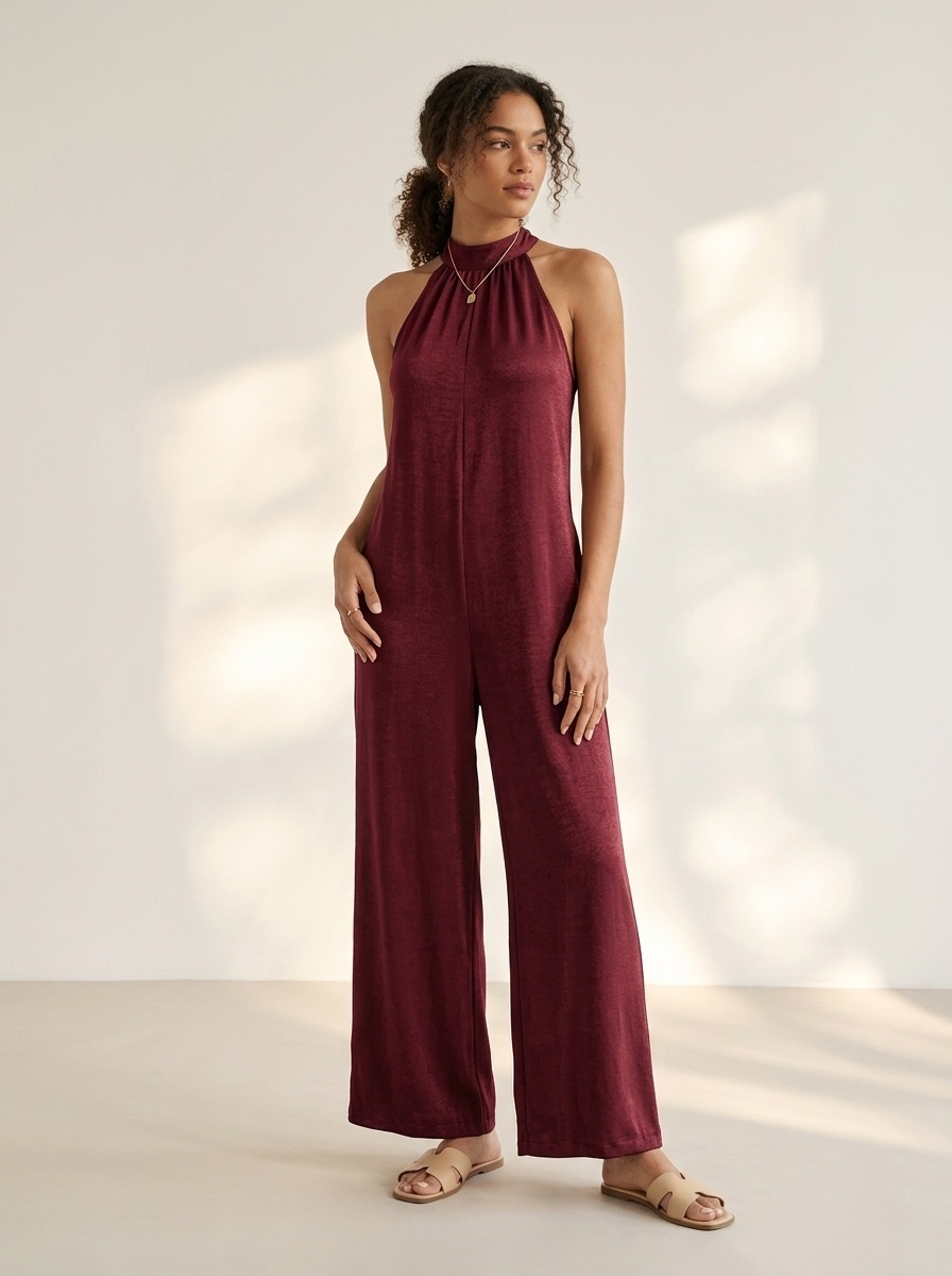Combinaison élégante à jambes larges et col halter avec détail noué dans le dos