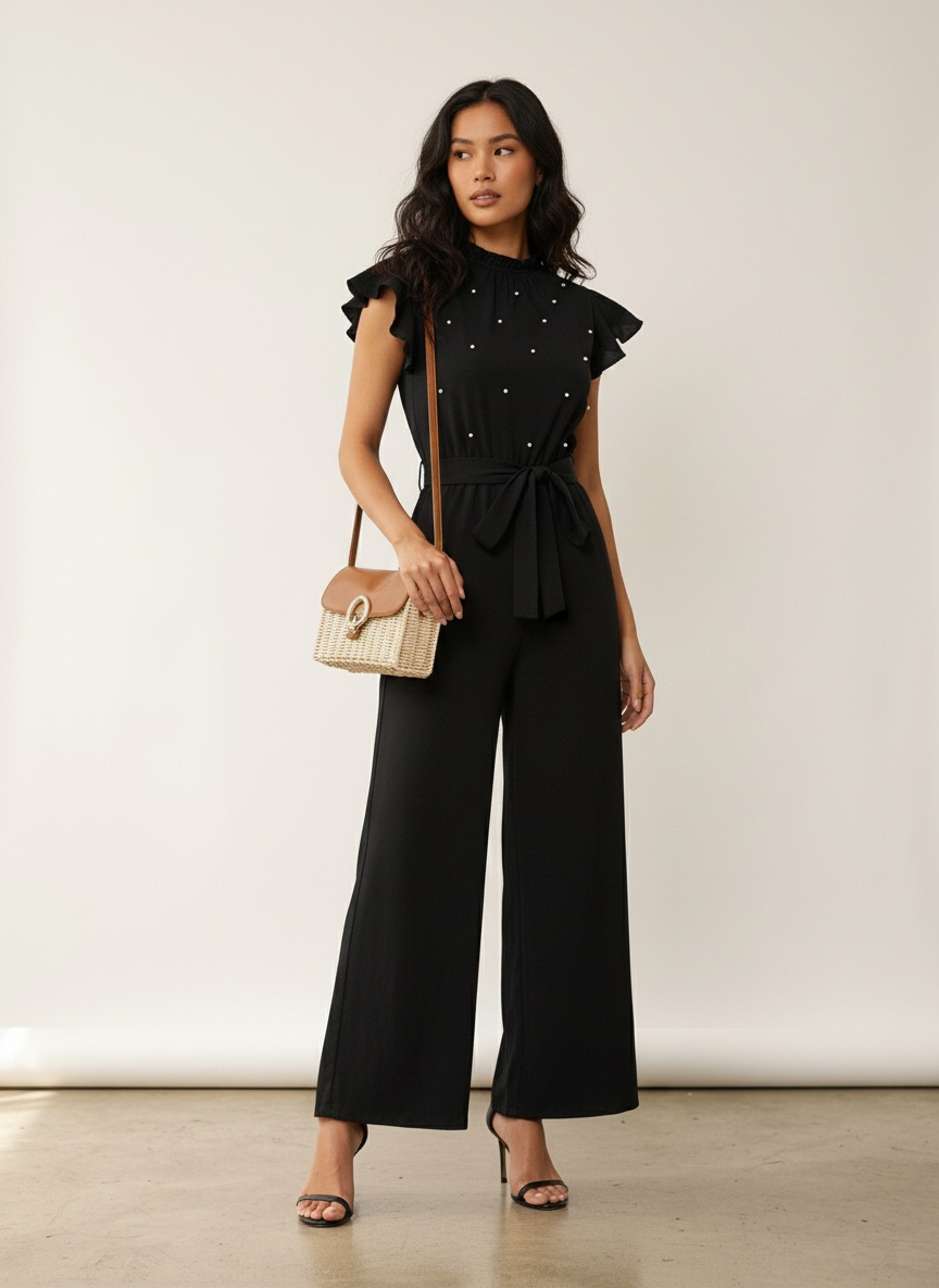 Combinaison à manches à volants et taille nouée ornée de perles noires