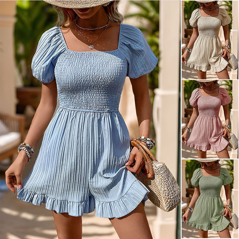 Combinaison-pantalon à manches bouffantes et col carré smocké pour femme