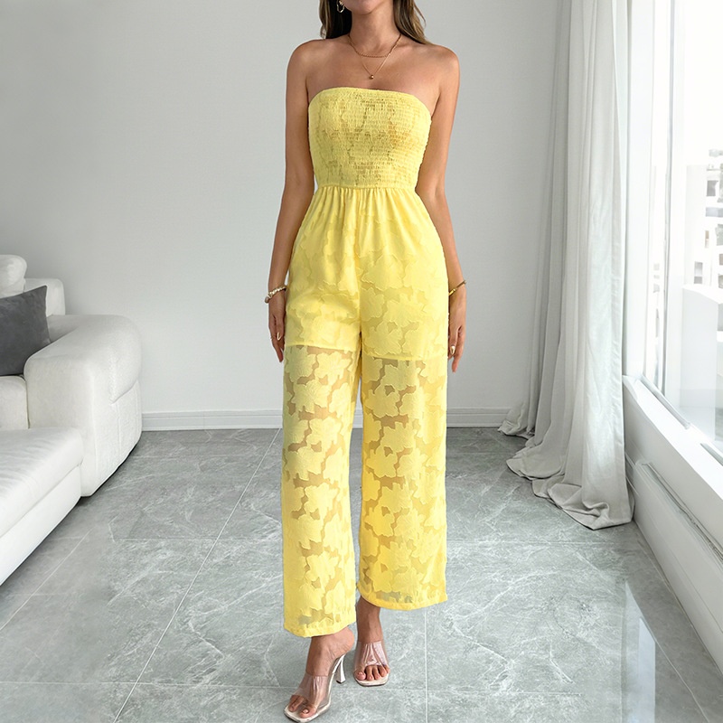 Combinaison jaune bustier à smocks et jambes larges à imprimé floral
