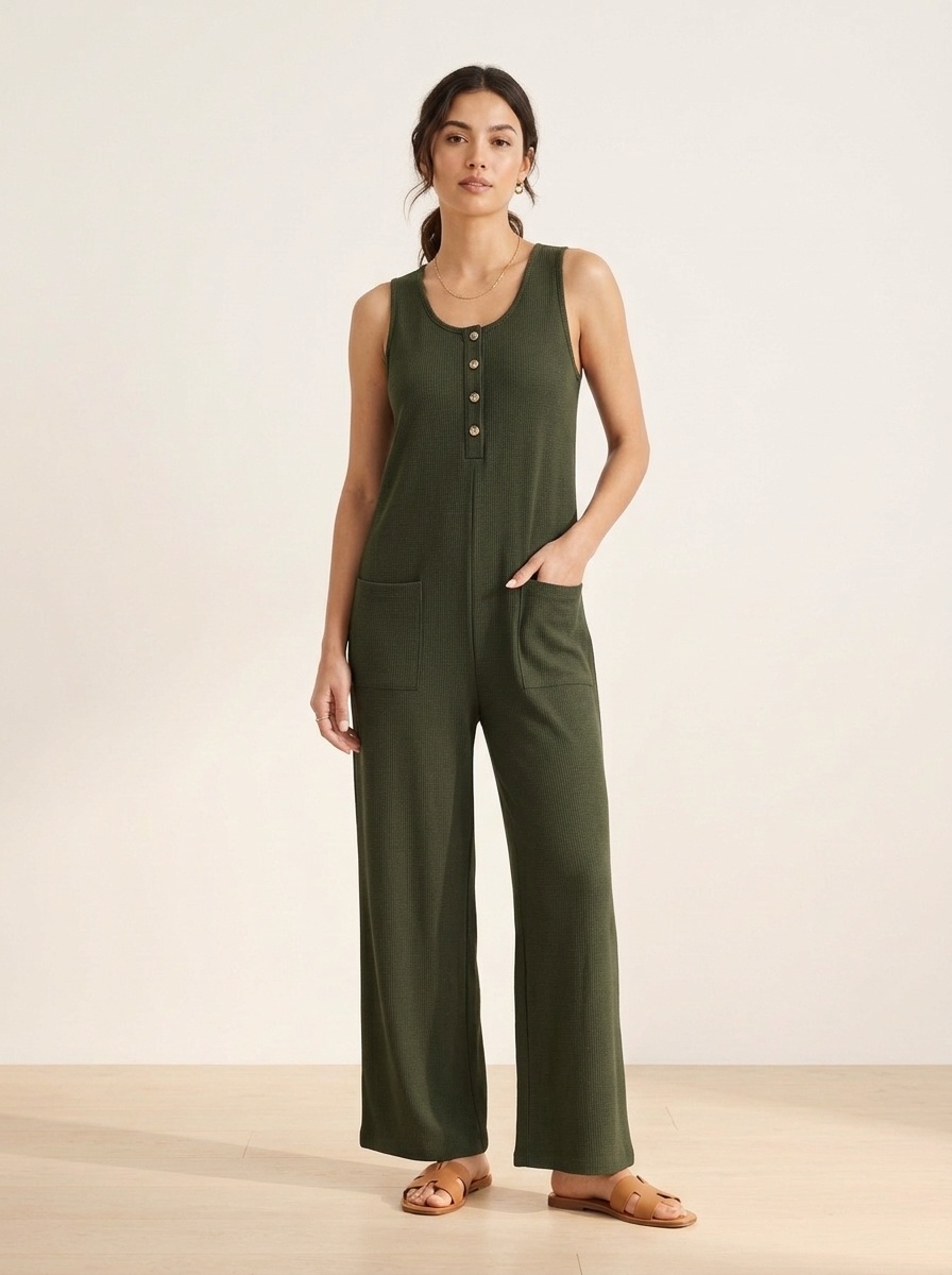 Combinaison-pantalon côtelée sans manches à jambes larges et poches pour femme