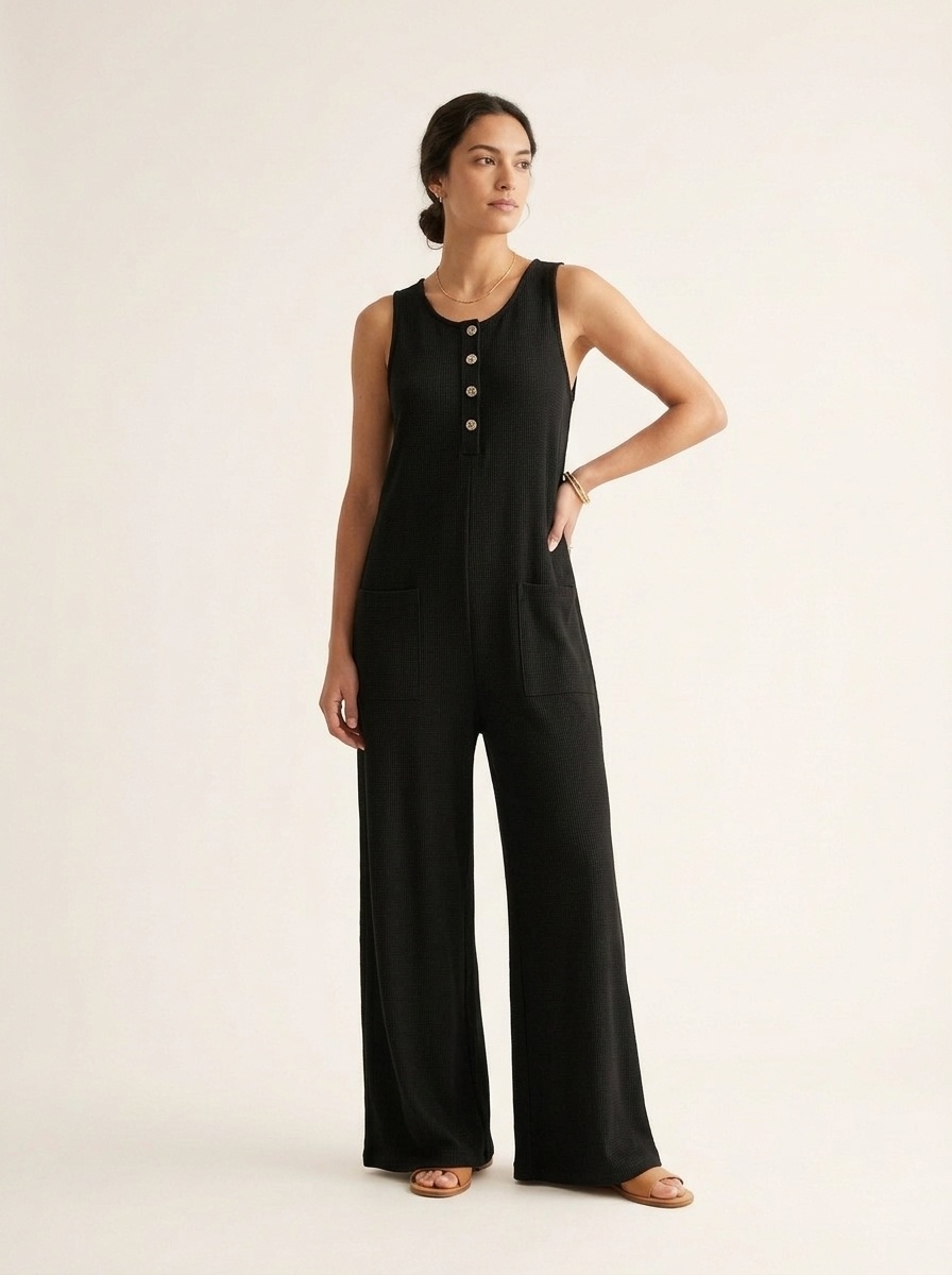 Combinaison-pantalon côtelée sans manches à jambes larges et poches pour femme