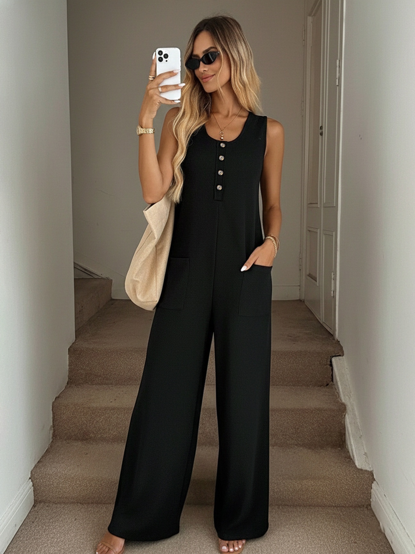 Combinaison-pantalon côtelée sans manches à jambes larges et poches pour femme