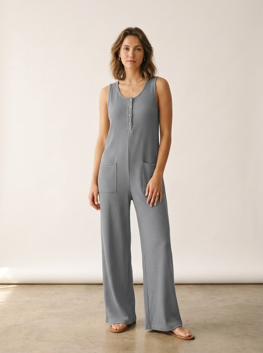 Combinaison-pantalon côtelée sans manches à jambes larges et poches pour femme