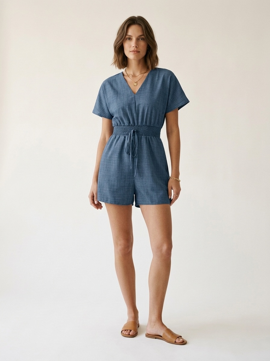 Combinaison-short bleue à col en V et manches courtes avec cordon de serrage pour femme