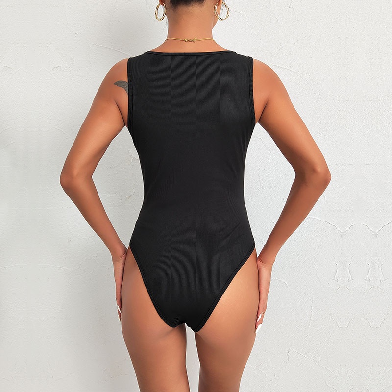 Body noir côtelé à col en V avec bordure en dentelle