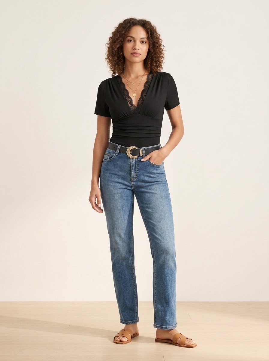 Body à manches courtes et col en V orné de dentelle