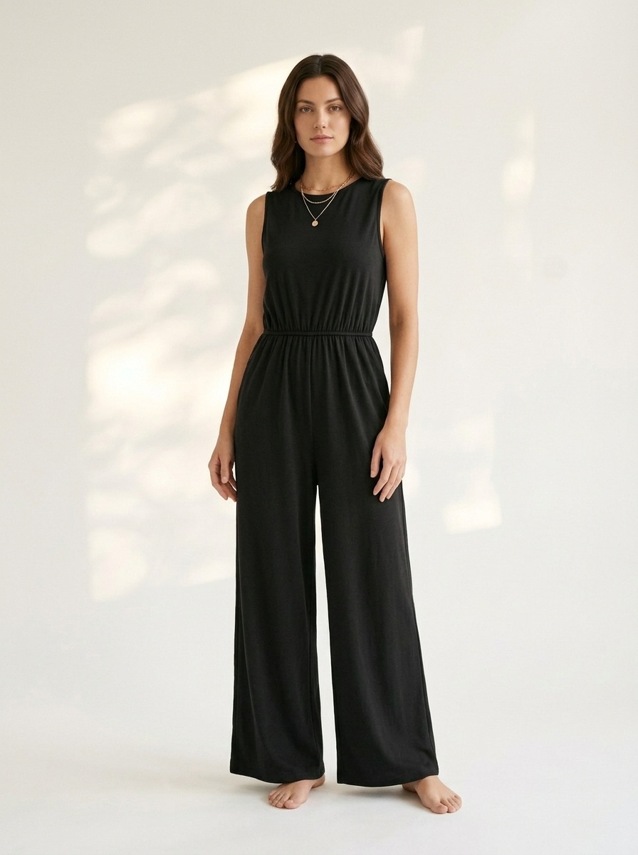 Combinaison sans manches à jambes larges et poches pour femme