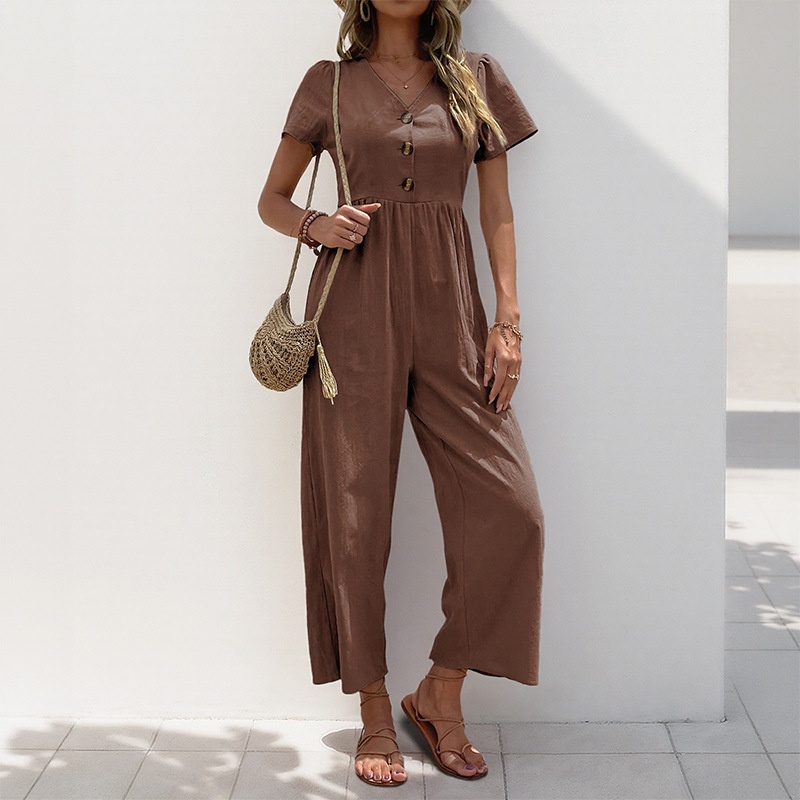 Combinaison pantalon décontractée pour femme, col en V, manches courtes et jambes larges, boutons