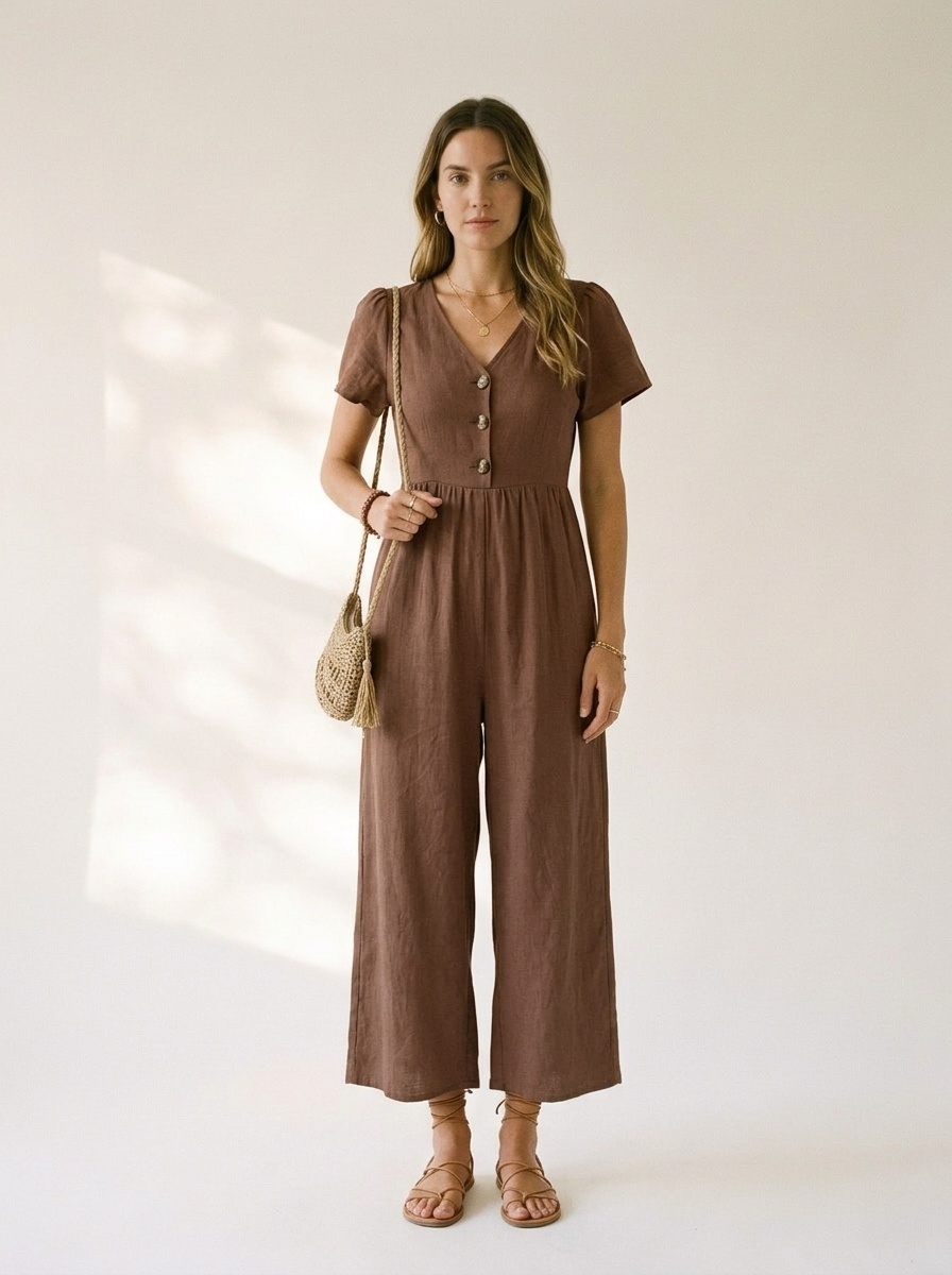 Combinaison pantalon décontractée pour femme, col en V, manches courtes et jambes larges, boutons