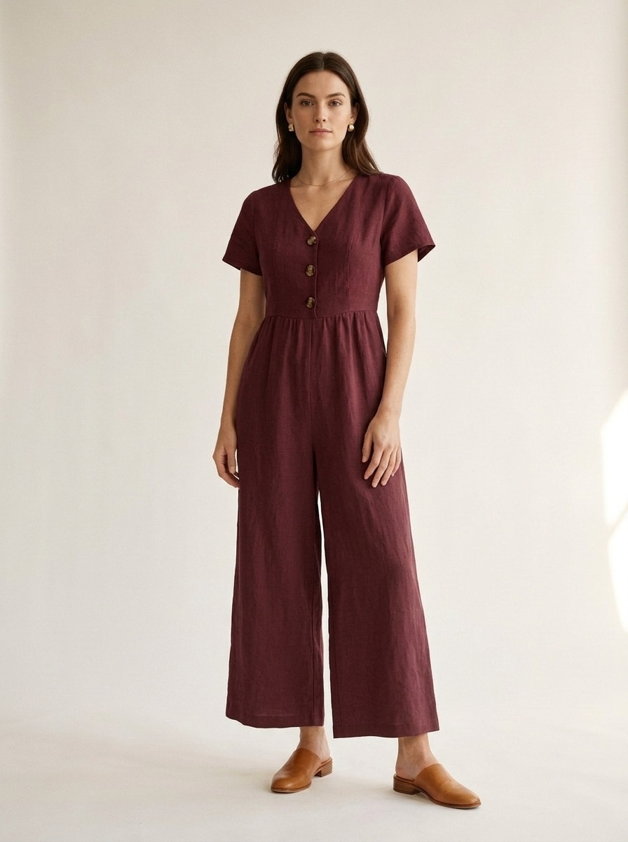 Combinaison pantalon décontractée pour femme, col en V, manches courtes et jambes larges, boutons