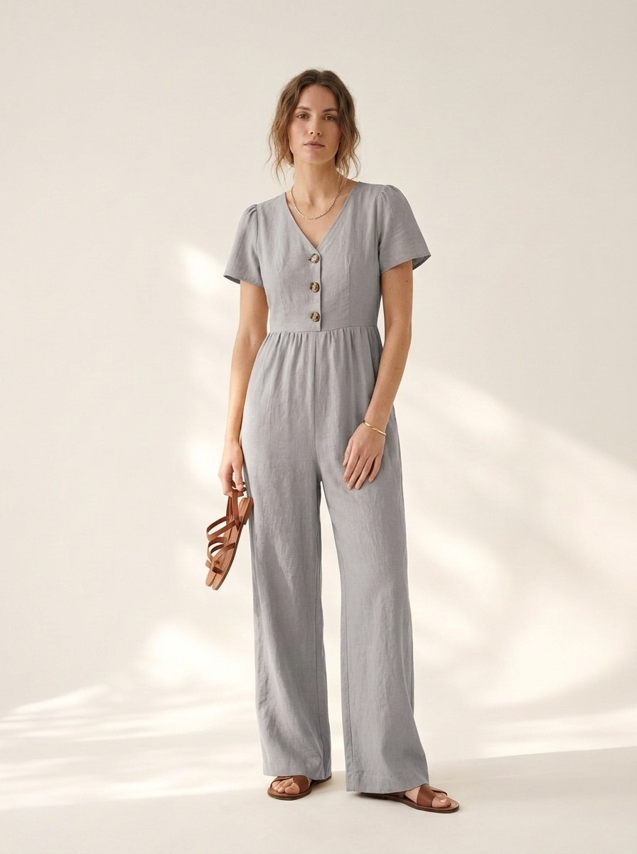 Combinaison pantalon décontractée pour femme, col en V, manches courtes et jambes larges, boutons