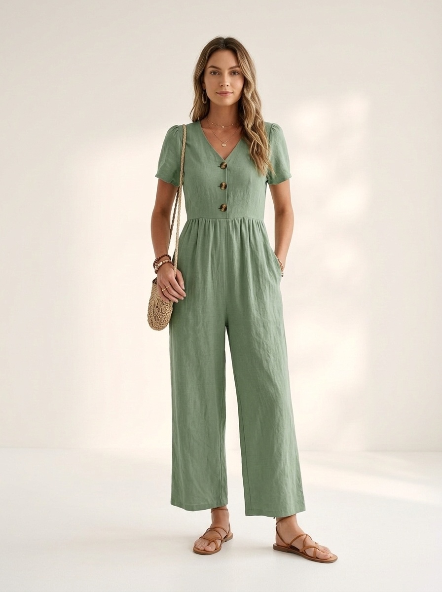 Combinaison pantalon décontractée pour femme, col en V, manches courtes et jambes larges, boutons