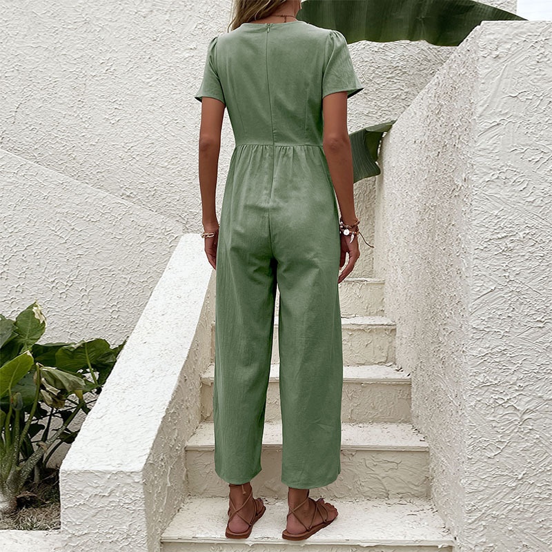 Combinaison pantalon décontractée pour femme, col en V, manches courtes et jambes larges, boutons