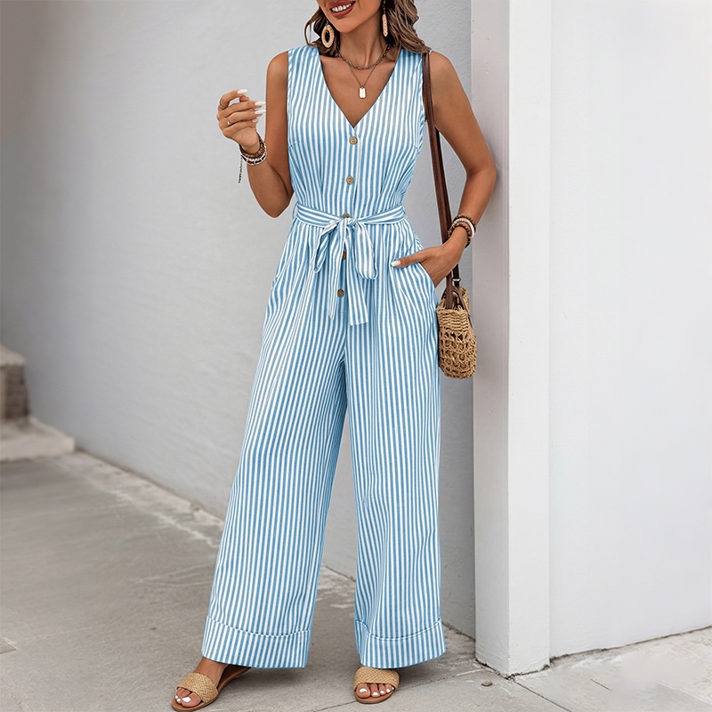 Women's Striped Sleeveless V-Neck Wide Leg Jumpsuit