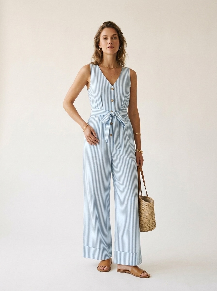 Women's Striped Sleeveless V-Neck Wide Leg Jumpsuit