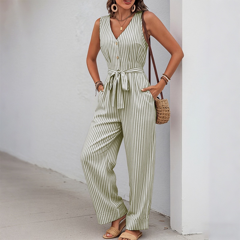 Women's Striped Sleeveless V-Neck Wide Leg Jumpsuit